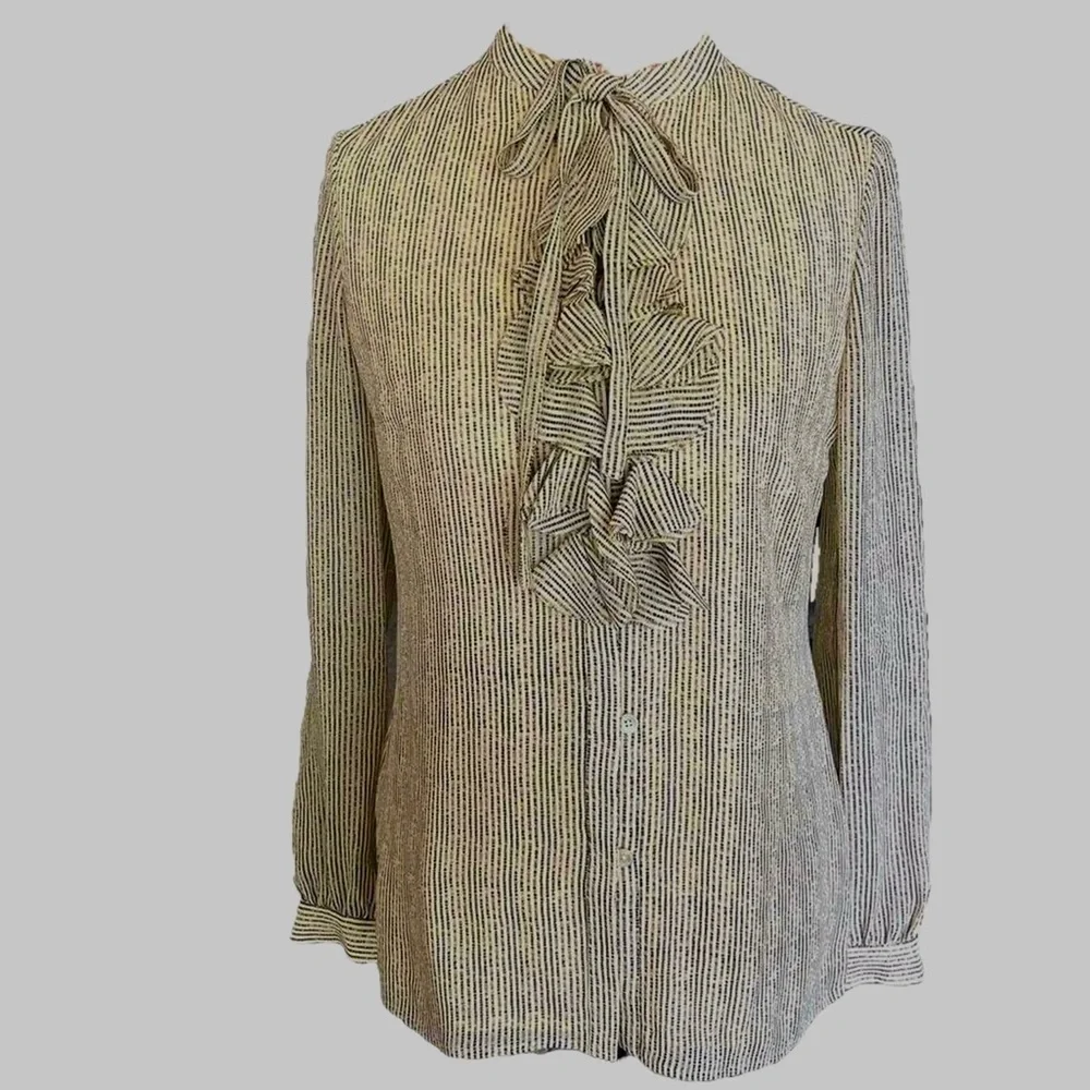 Tory Burch 100% Silk Ruffle Stitch Print Pinstripe Blouse - Picture 2 of 12